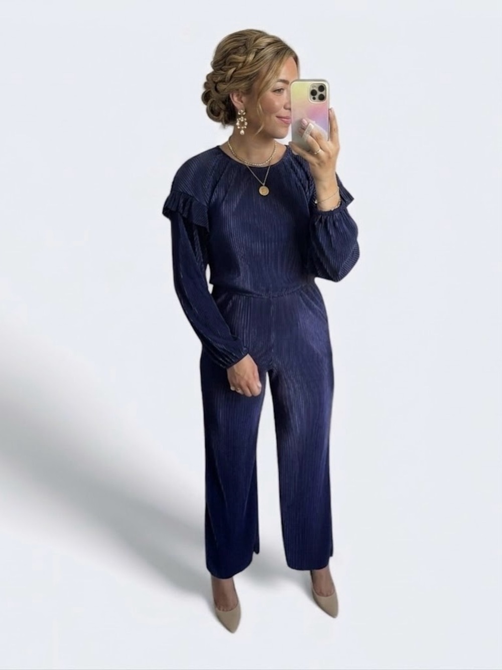 ✨ Halogen Navy Long Sleeve Ladies Plissé Jumpsuit Size Small
